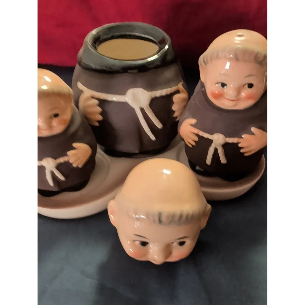 VINTAGE SALT, PEPPER, SUGAR W/ STAND COMPLETE MONK SET - WEST GERMANY Goebel.